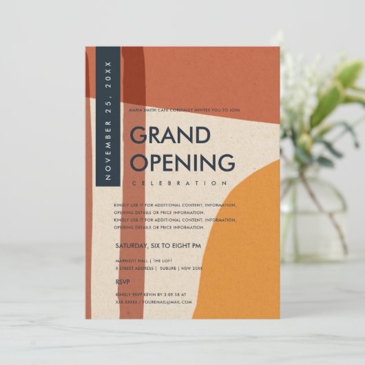 MODERNE ABSTRAKTE KUNST RUST ORANGE GRAND ÖFFNUNG EINLADUNG (Stehend Vorderseite)