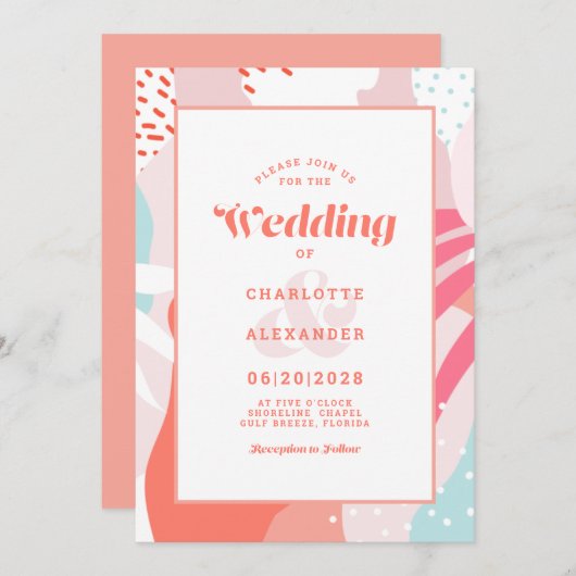 Moderne Abstrakte Kunstkoralle Aquamarine Hochzeit Einladung (Vorne/Hinten)