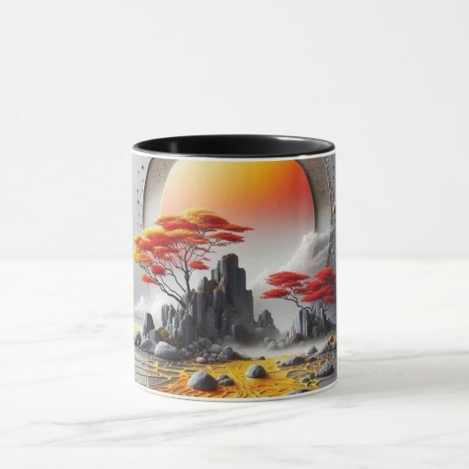 Moderne abstrakte Linienkunst Schwarze Tasse | Min (Zentrum)