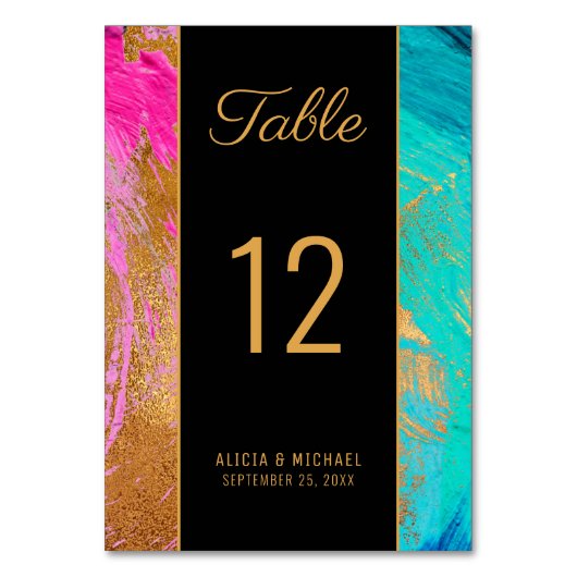Moderne abstrakte Malerei Goldschrift Dunkle Hochz Tischnummer (Rückseite)