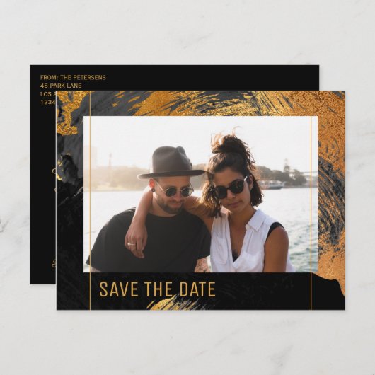 Moderne abstrakte Malerei Goldskript Foto Hochzeit Ankündigungspostkarte (Vorne/Hinten)