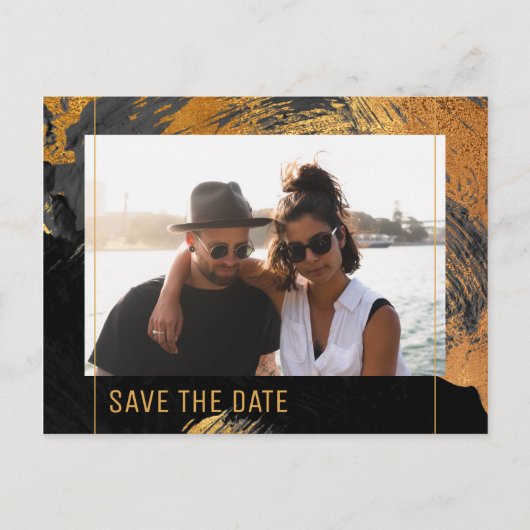 Moderne abstrakte Malerei Goldskript Foto Hochzeit Ankündigungspostkarte (Vorderseite)