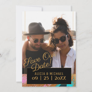 Moderne abstrakte Malerei Goldskript Foto Hochzeit Save The Date