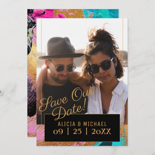 Moderne abstrakte Malerei Goldskript Foto Hochzeit Save The Date (Vorne/Hinten)
