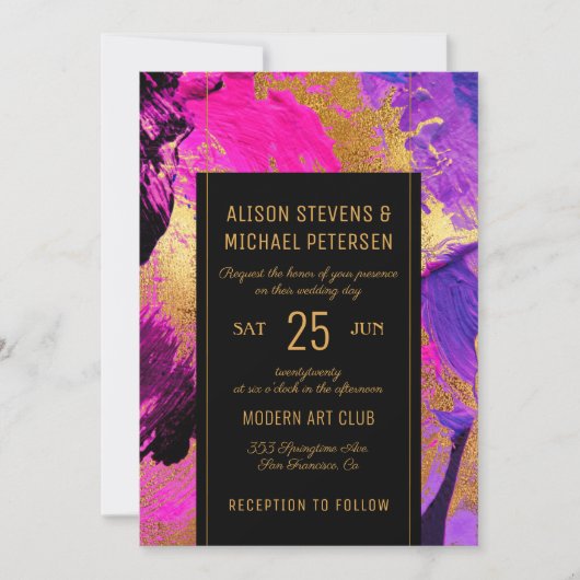 Moderne abstrakte Malerei Goldskript rosa Hochzeit Einladung (Vorderseite)