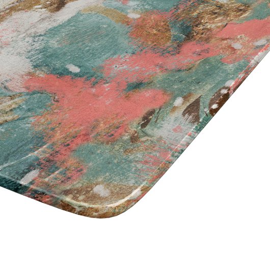 Moderne Abstrakte Malerei Korallen Aquamarin Gold Schneidebrett (Ecke)