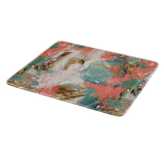 Moderne Abstrakte Malerei Korallen Aquamarin Gold Schneidebrett (Ecke)