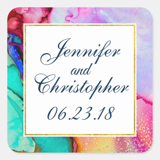 Moderne Abstrakte Marmorwatercolor-Hochzeit Quadratischer Aufkleber (Vorderseite)