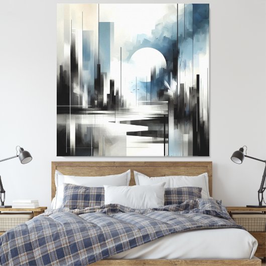 Moderne Abstrakte Nacht City Schwarz-weiß und blau Leinwanddruck (Insitu (Schlafzimmer))