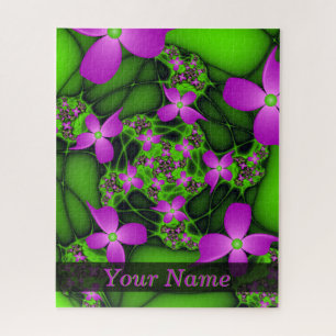 Moderne Abstrakte Neon Pink Green Art Blume Name Puzzle