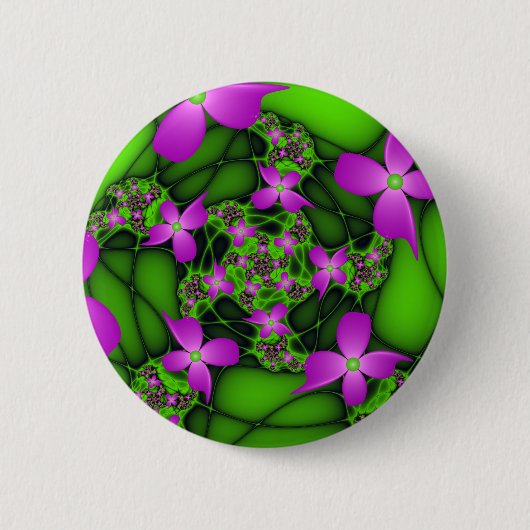 Moderne Abstrakte Neon Pink Green Fraktal Blume Button (Vorderseite)
