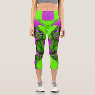 Moderne Abstrakte Neon Pink Green Fraktal Blume Capri Leggings