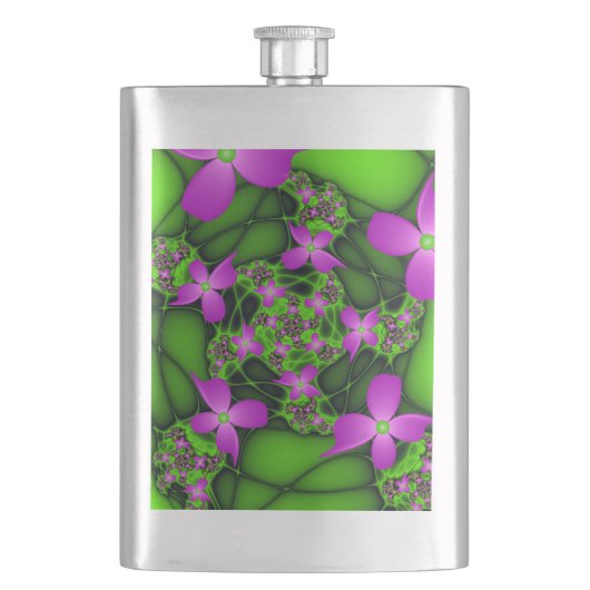 Moderne Abstrakte Neon Pink Green Fraktal Blume Flachmann (Vorderseite)