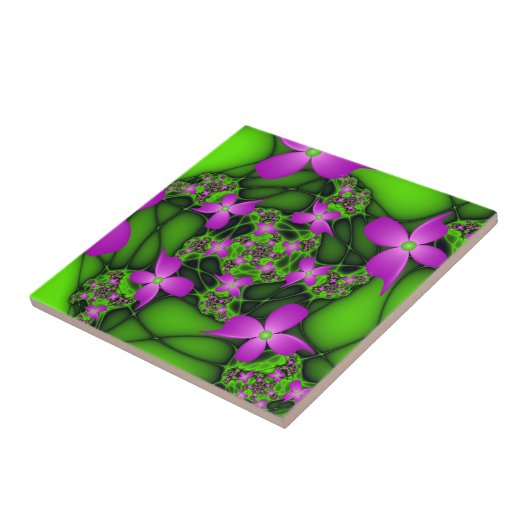 Moderne Abstrakte Neon Pink Green Fraktal Blume Fliese (Seite)