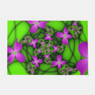 Moderne Abstrakte Neon Pink Green Fraktal Blume Fußmatte