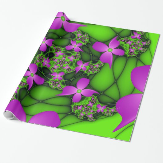 Moderne Abstrakte Neon Pink Green Fraktal Blume Geschenkpapier (Ungerollt)