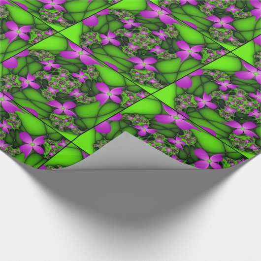 Moderne Abstrakte Neon Pink Green Fraktal Blume Geschenkpapier (Ecke)