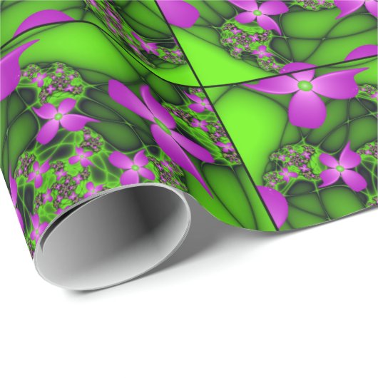 Moderne Abstrakte Neon Pink Green Fraktal Blume Geschenkpapier (Rolleneckpunkt)