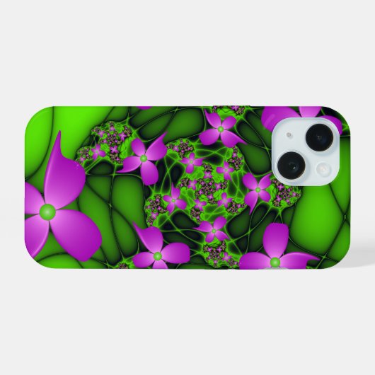 Moderne Abstrakte Neon Pink Green Fraktal Blume iPhone 15 Hülle (Rückseite (Horizontal))