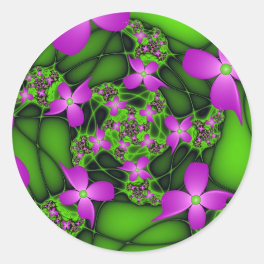 Moderne Abstrakte Neon Pink Green Fraktal Blume Runder Aufkleber (Vorderseite)