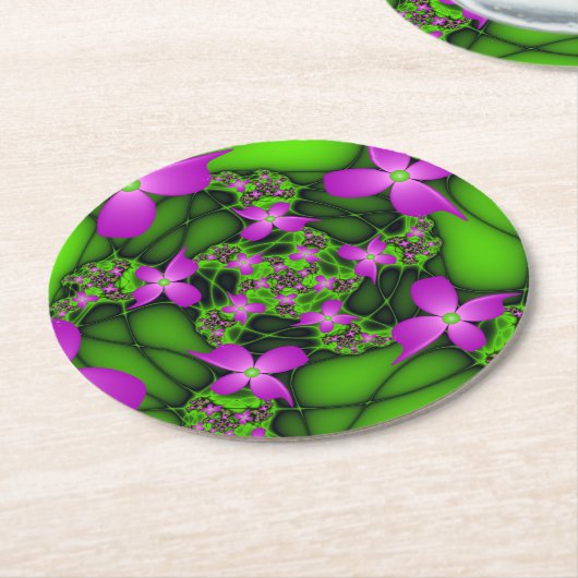 Moderne Abstrakte Neon Pink Green Fraktal Blume Runder Pappuntersetzer (Angewinkelt)