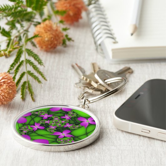 Moderne Abstrakte Neon Pink Green Fraktal Blume Schlüsselanhänger (Seite)