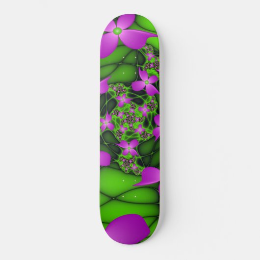 Moderne Abstrakte Neon Pink Green Fraktal Blume Skateboard (Vorderseite)