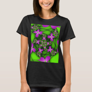 Moderne Abstrakte Neon Pink Green Fraktal Blume T-Shirt