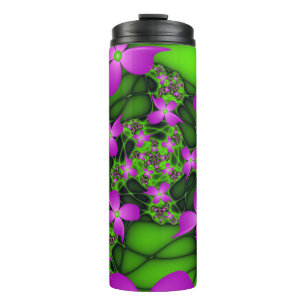Moderne Abstrakte Neon Pink Green Fraktal Blume Thermosbecher