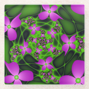 Moderne abstrakte neon-pink-grüne Fraktalblumen Glasuntersetzer