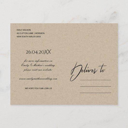 MODERNE ABSTRAKTE ORANGE KRAFT SAVE THE DATE ANKÜNDIGUNGSPOSTKARTE (Rückseite)