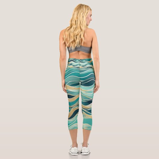 Moderne Abstrakte Ozean Türkis Wasserwelle Capri Leggings (Rückseite)