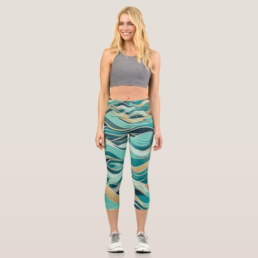 Moderne Abstrakte Ozean Türkis Wasserwelle Capri Leggings (Vorderseite)
