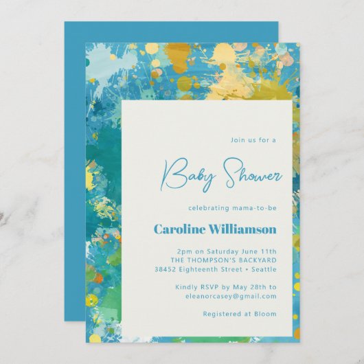 Moderne Abstrakte Paint Art Cool Blue Baby Dusche Einladung (Vorne/Hinten)