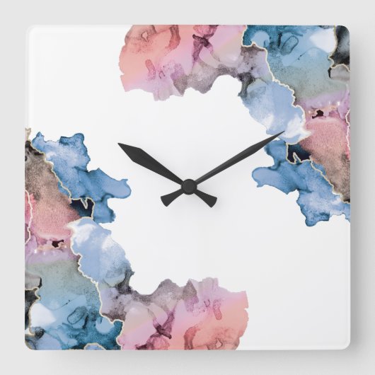 Moderne Abstrakte Paint Splash Tinten Blau Pink Quadratische Wanduhr (Vorderseite)