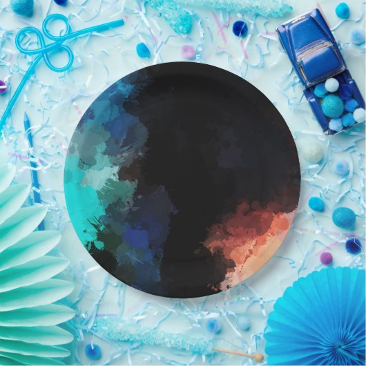Moderne Abstrakte Paint Spritzers Black Orange Blu Pappteller (Party)