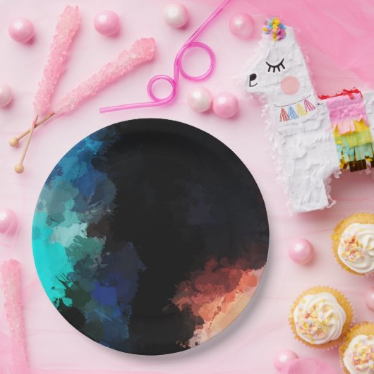 Moderne Abstrakte Paint Spritzers Black Orange Blu Pappteller (Party)