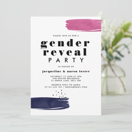 Moderne Abstrakte Pinselstriche Gender Reveal Part Einladung (Stehend Vorderseite)