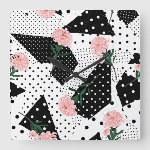 Moderne Abstrakte Punkte und rosa Blume Quadratische Wanduhr