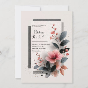 Moderne Abstrakte Rosa Dunkle Florale Hochzeit Einladung