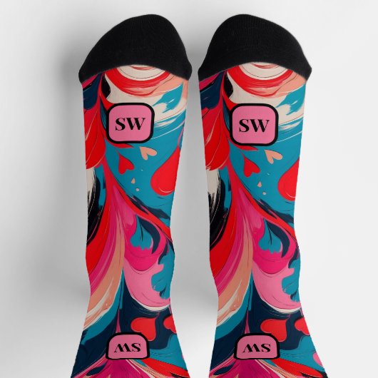 Moderne abstrakte rosa Herzen & Wirbel Monogramm Socken (Oben)