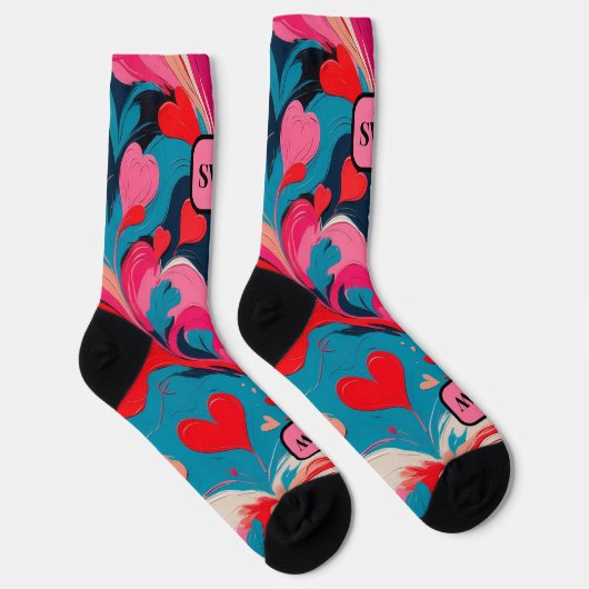 Moderne abstrakte rosa Herzen & Wirbel Monogramm Socken (Rechts)