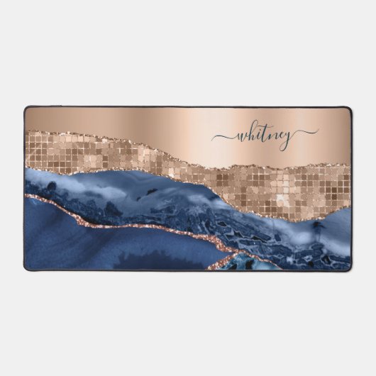 Moderne Abstrakte Rose Gold Indigo Blue Agate Marm Schreibtischunterlage (Vorderseite)