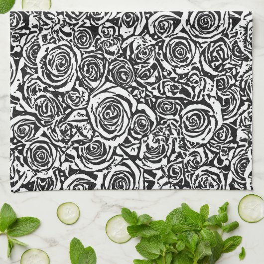 Moderne Abstrakte Rose Muster, Schwarz und Weiß Geschirrtuch (Gefaltet)