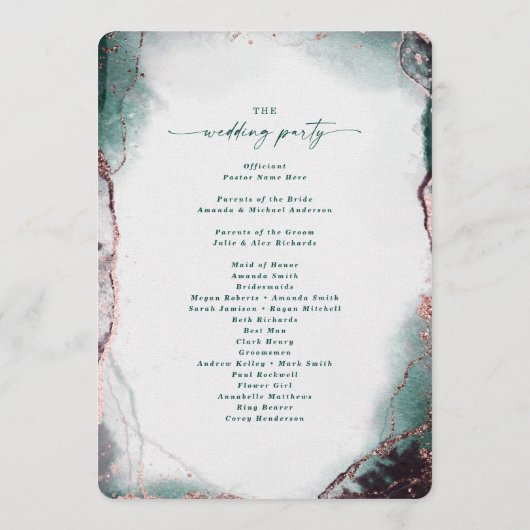 Moderne Abstrakte Smaragdgrüne Hochzeitsfeier Programm (Rückseite)