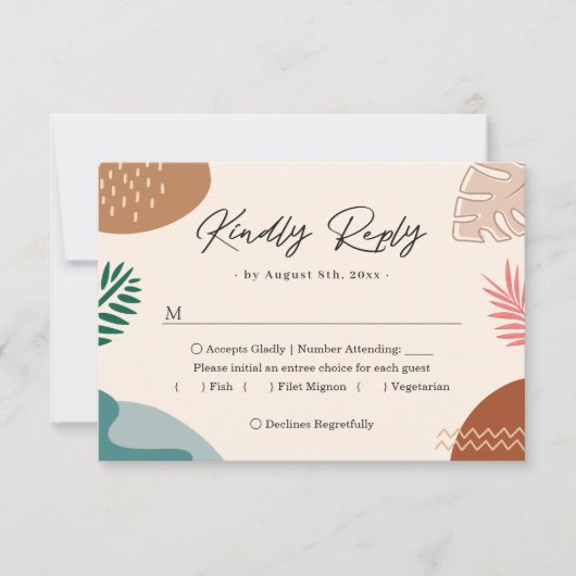 Moderne Abstrakte Sommer-Tropen-Blätter Hochzeit RSVP Karte (Vorderseite)