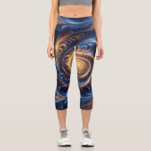 Moderne Abstrakte Space Royal Blue und Gold Wirbel Capri Leggings (Vorderseite)