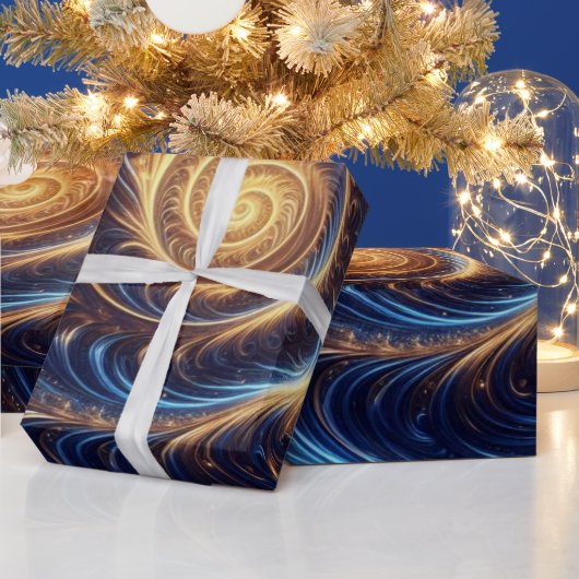 Moderne Abstrakte Space Royal Blue und Gold Wirbel Geschenkpapier (Feiertage)