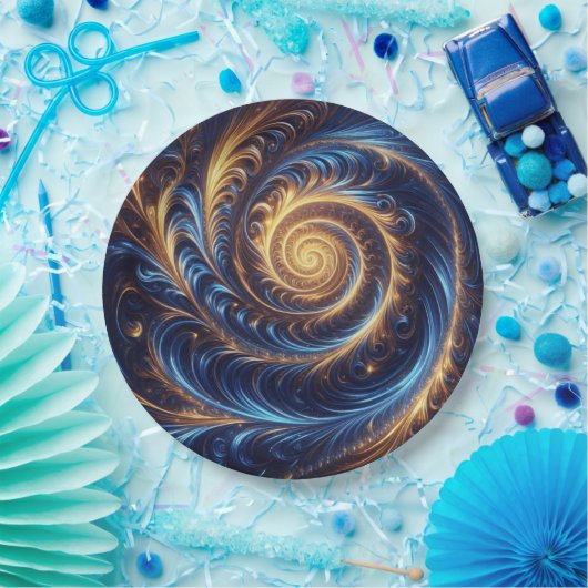 Moderne Abstrakte Space Royal Blue und Gold Wirbel Pappteller (Party)