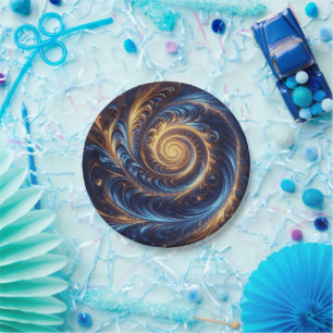 Moderne Abstrakte Space Royal Blue und Gold Wirbel Pappteller